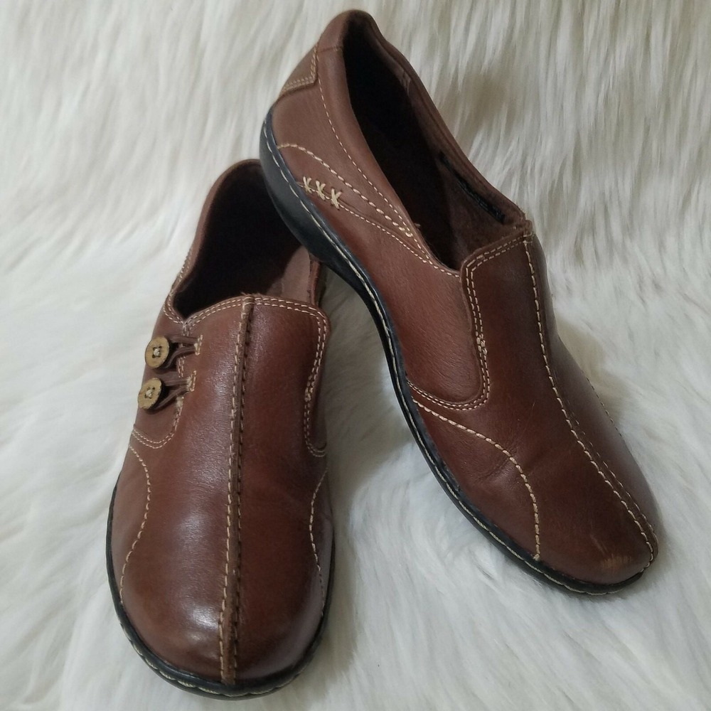 Clarks Brown Leather Ashland Lela Slip On Loafers 8M Comfort‎ Casual Minimalist